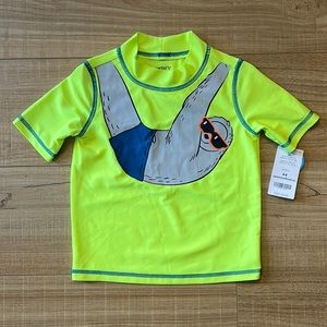 NWT! Carter’s Rashguard T-Shirt in Size 2T. Neon Yellow with Cool Sloth.